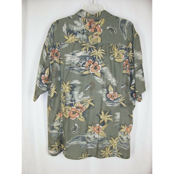 Tommy Bahama Hawaiian Shirt L Vented Fishing Floral Rayon Green - Picture 5 of 12
